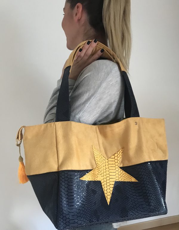SAC CABAS MELANIE MOUTARDE / SIMILI KOMODO MARINE – Image 3