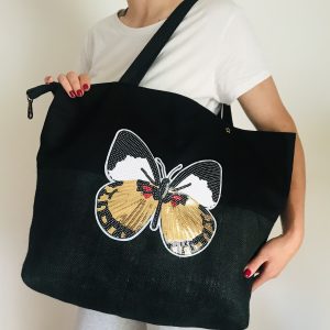 SAC CABAS XXL OCEANE COTON NOIR PAPILLON PAILLETÉ / COTON FEUILLES