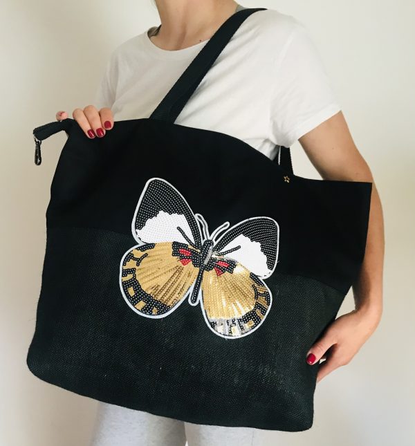 SAC CABAS XXL OCEANE COTON NOIR PAPILLON PAILLETÉ / COTON FEUILLES