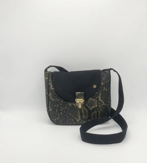 AGATHE : ASPECT SERPENT NOIR ET OR RABAT SUEDINE NOIR