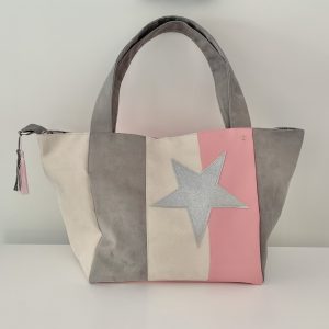 SAC CABAS MELANIE SUEDINE CREME ET GRIS / SIMILI ROSE