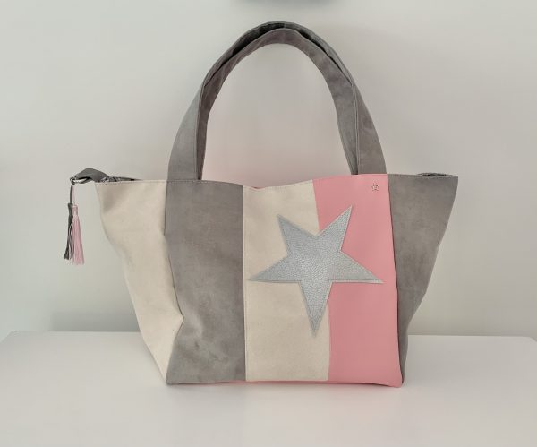 SAC CABAS MELANIE SUEDINE CREME ET GRIS / SIMILI ROSE