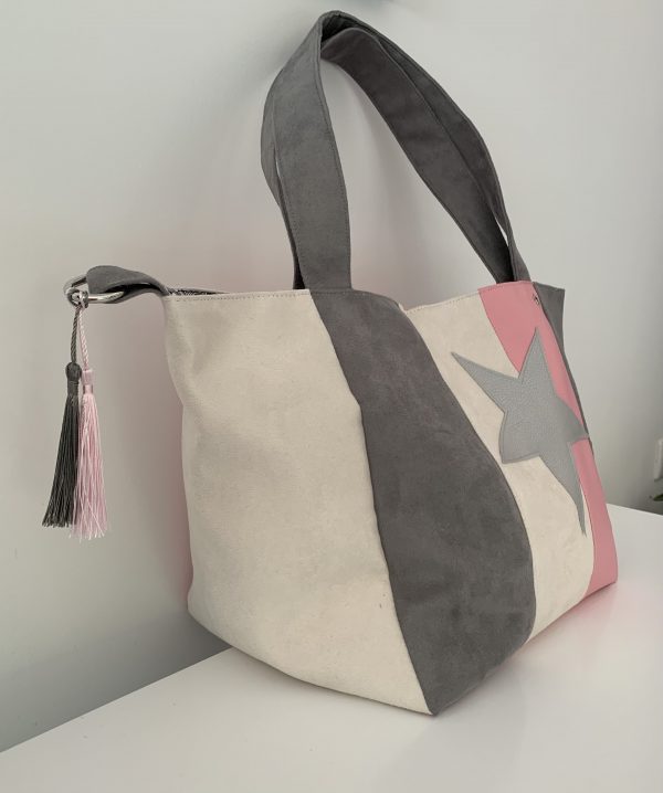 SAC CABAS MELANIE SUEDINE CREME ET GRIS / SIMILI ROSE – Image 2