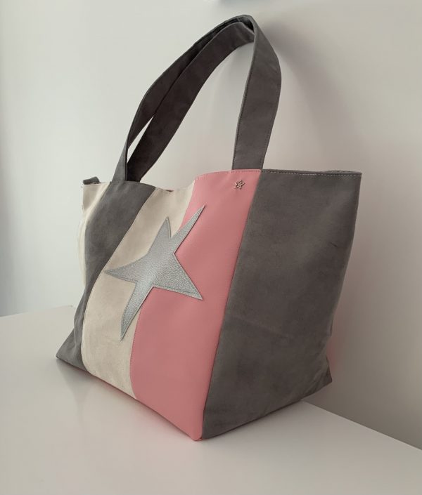 SAC CABAS MELANIE SUEDINE CREME ET GRIS / SIMILI ROSE – Image 3